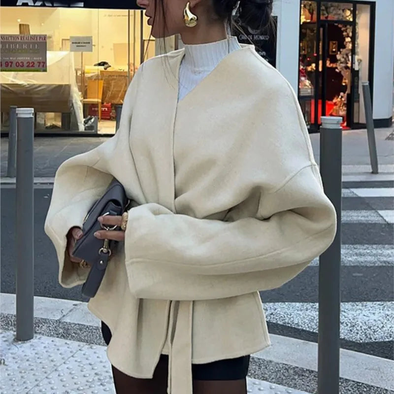 Elegant Belt Lace Up Woolen Jacket For Women