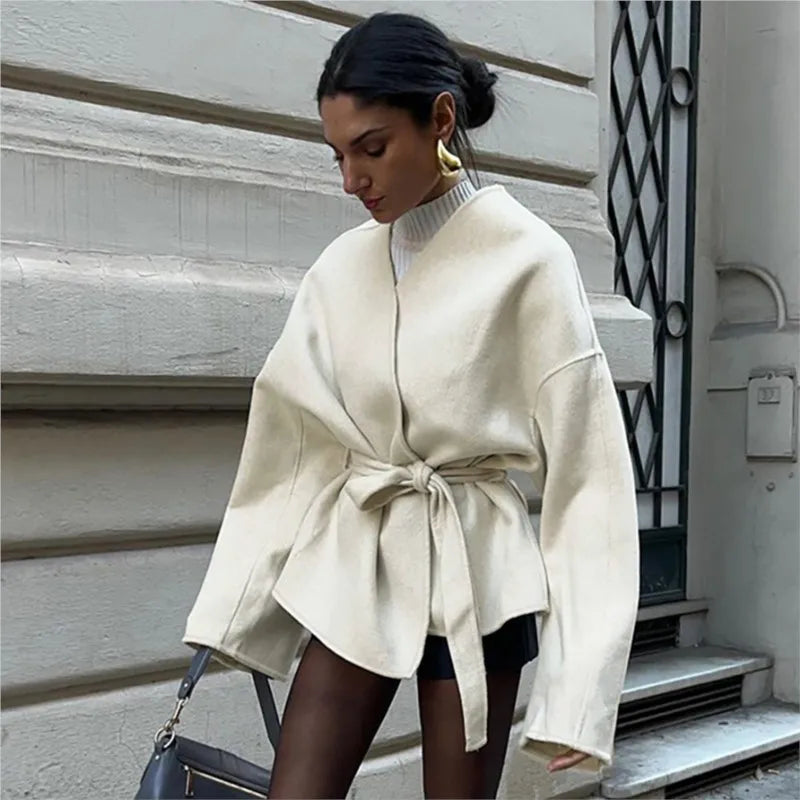 Elegant Belt Lace Up Woolen Jacket For Women