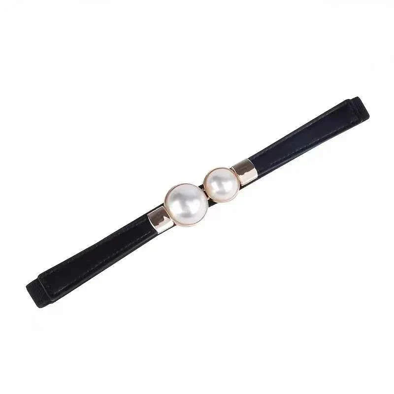 Elegant Double Pearls Buckle Elastic Women Belts