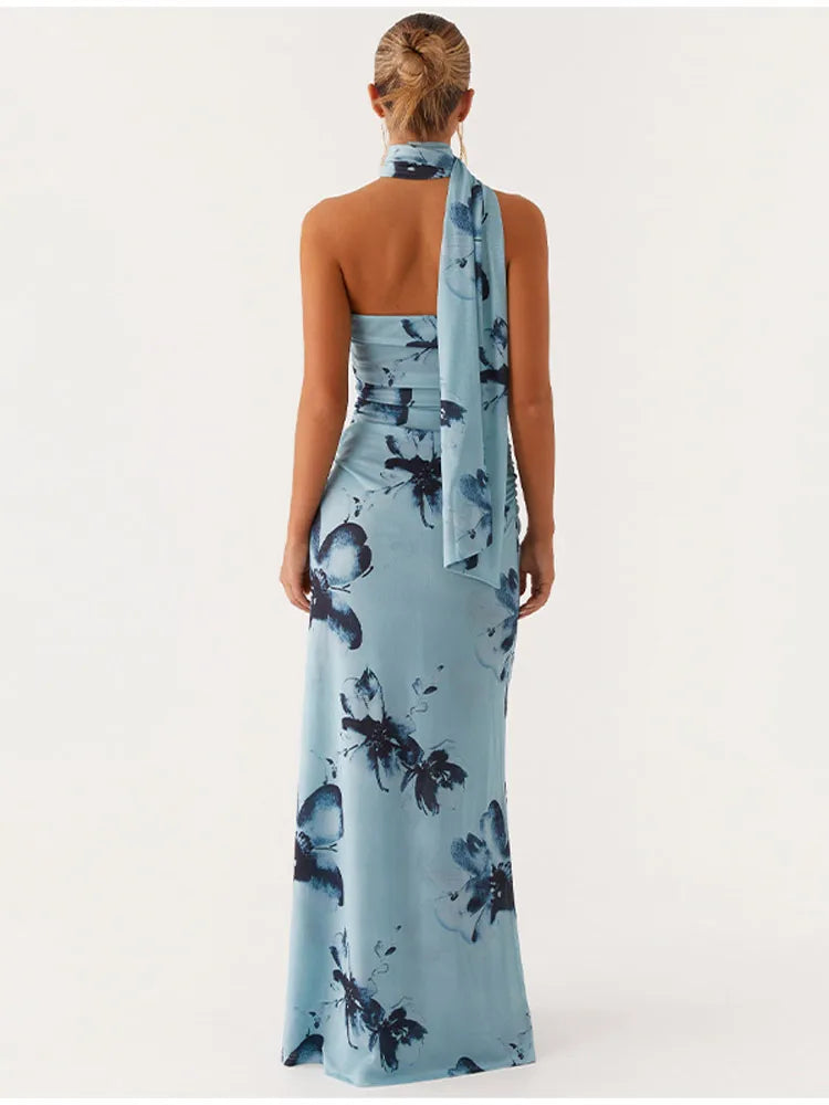 Elegant Floral Print Maxi Dress Backless