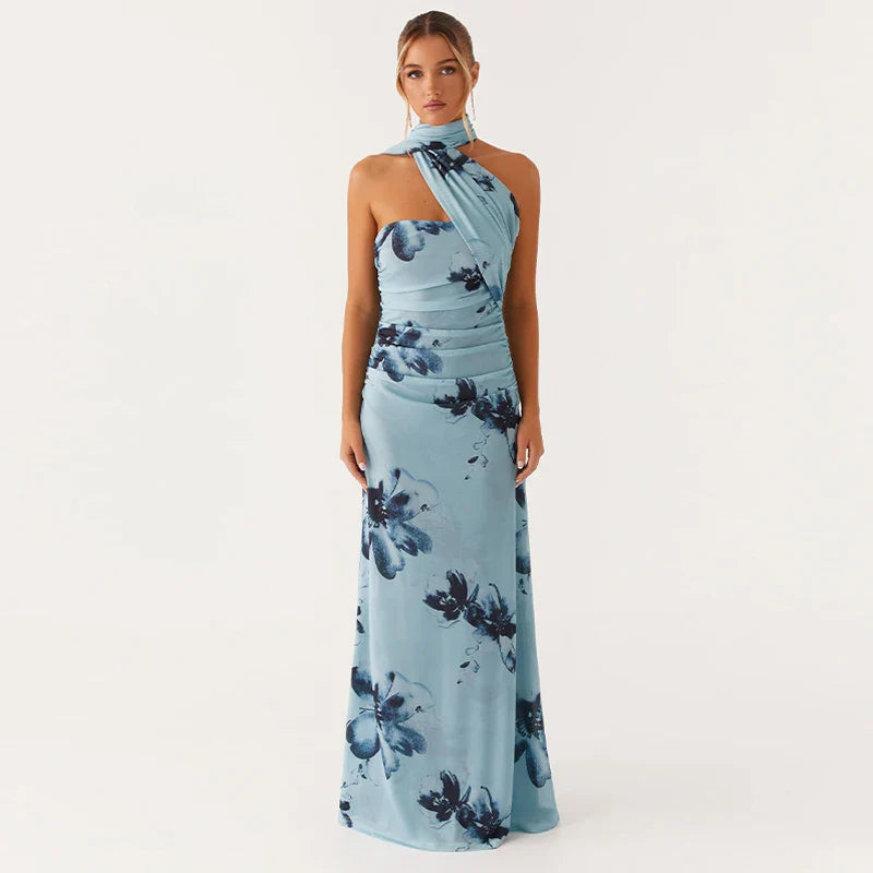 Elegant Floral Print Maxi Dress Backless - Beige / L