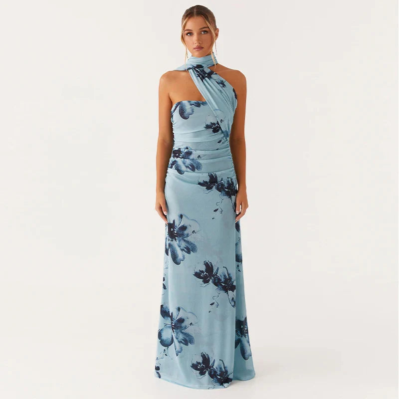 Elegant Floral Print Maxi Dress Backless - Beige / M