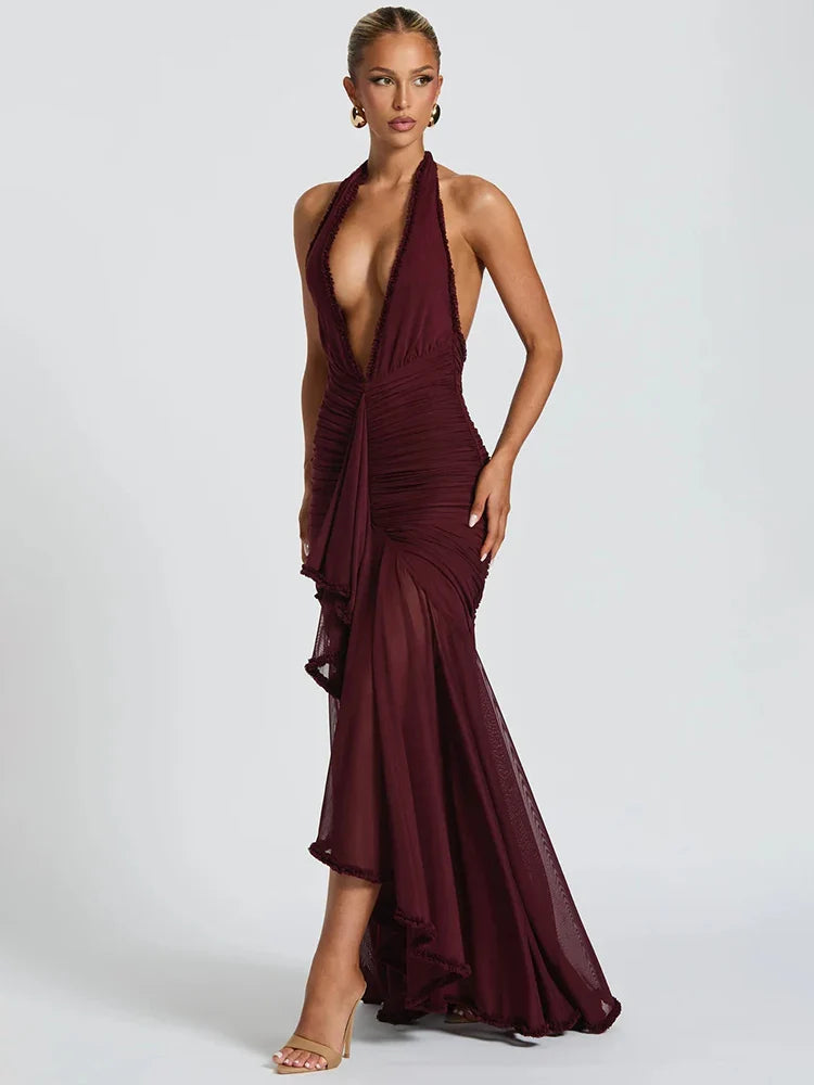 Elegant Halter Deep V Neck Maxi Dress Women