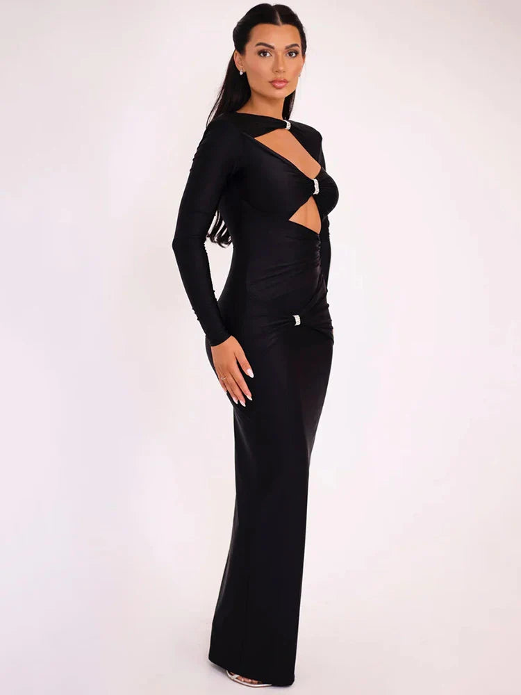 Elegant Hollow Out Long Sleeve Maxi Dress For Women