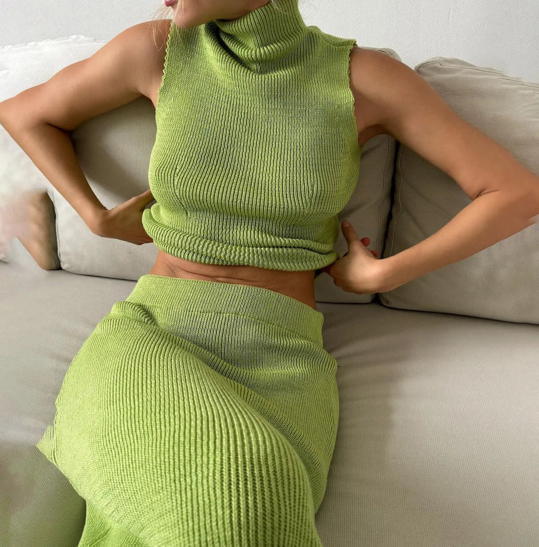 Elegant Knitted Top Skirts Sets Women - Green / S / CN