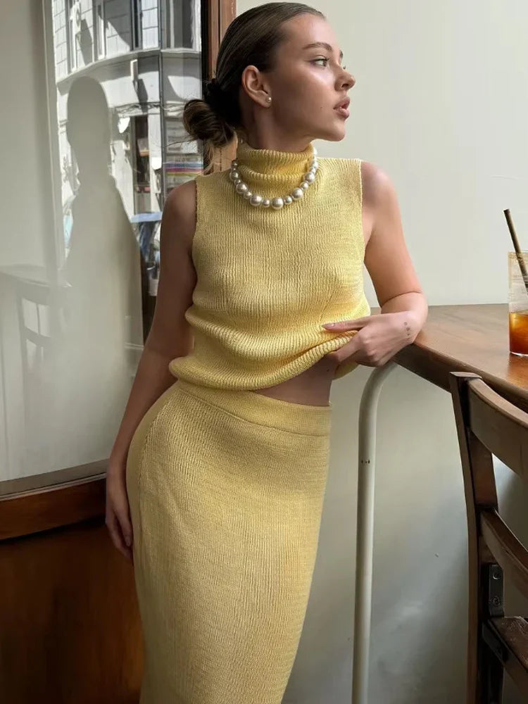 Elegant Knitted Top Skirts Sets Women