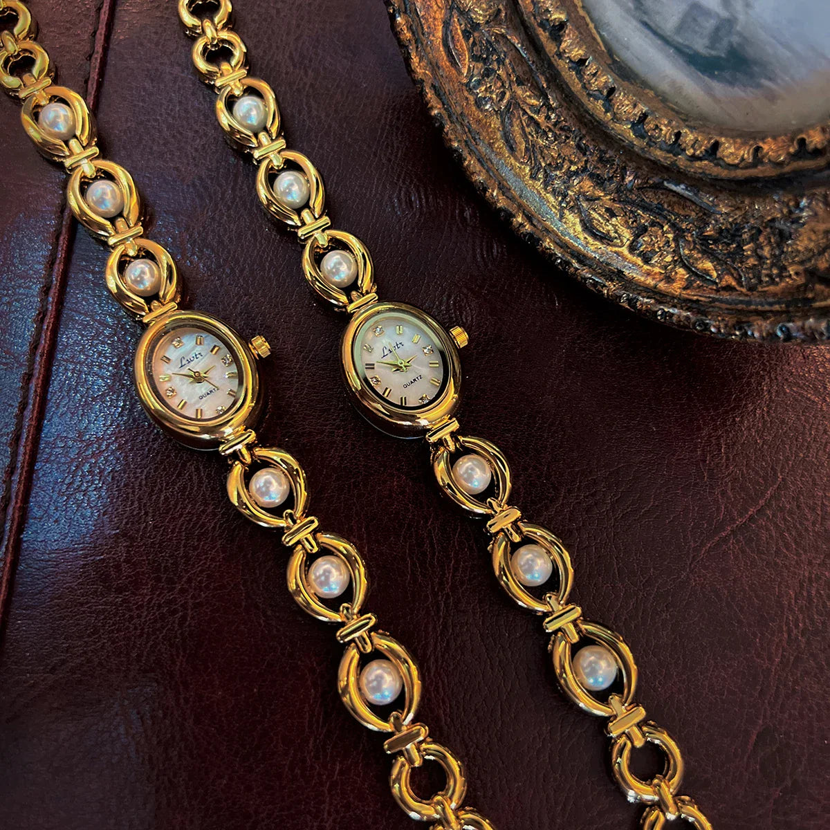 Elegant Ladies’ Pearl Strap Waterproof Oval Quartz Wristwatch - Gold