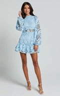 Elegant Long Sleeve Lace Mini Dress Women - Light Blue / XL
