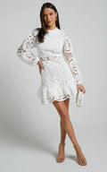 Elegant Long Sleeve Lace Mini Dress Women - WHITE / L
