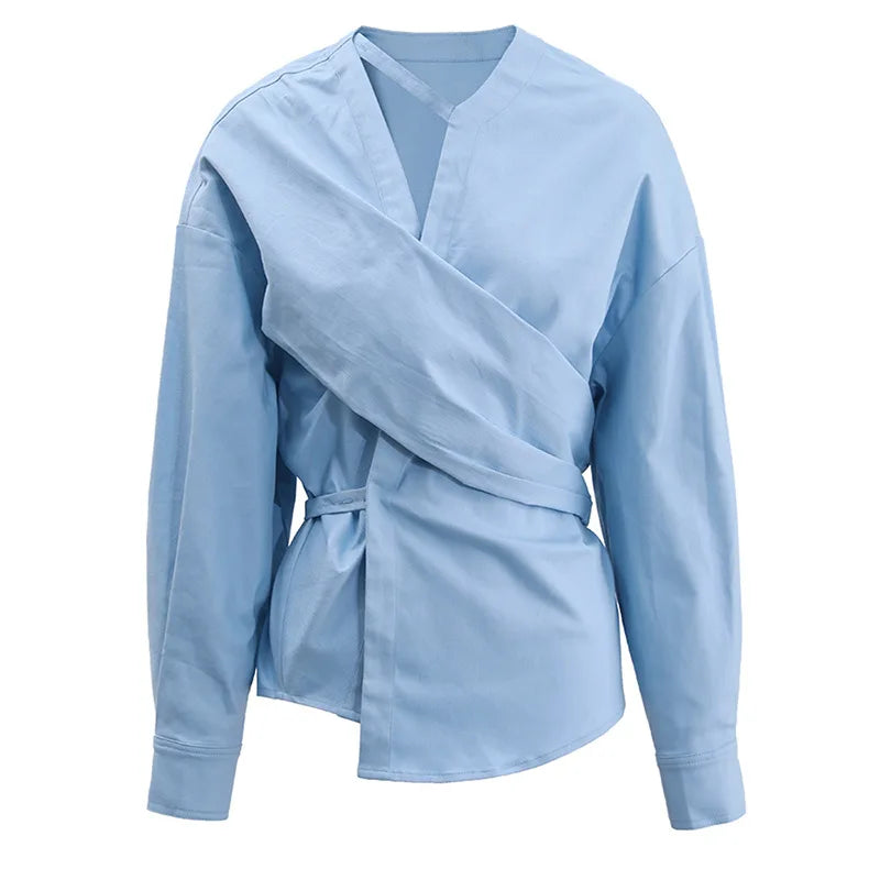 Elegant Long Sleeve Solid Blouses Women - blue / L