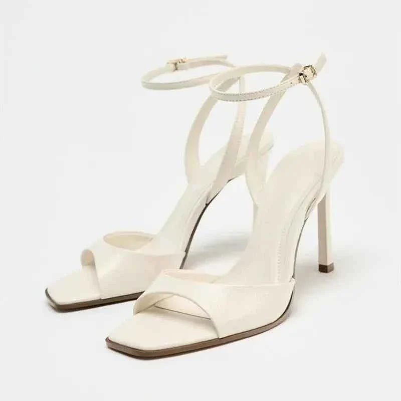 Elegant Patent Leather Ankle Strap Buckle Heeled Sandals
