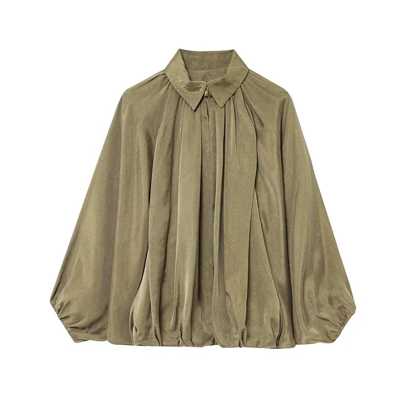 Elegant Pleated Green Oversize Bomber Jacket