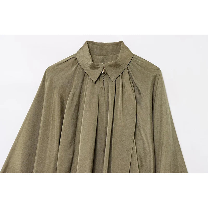 Elegant Pleated Green Oversize Bomber Jacket