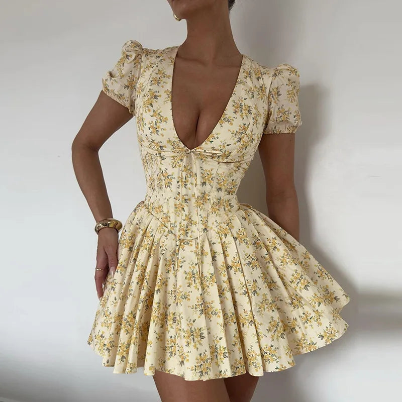 Elegant Puff Sleeve Corset Floral V Neck Mini Dress - yellow / S