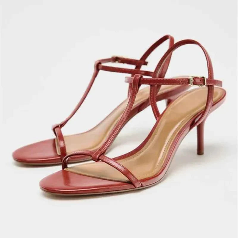 Elegant Red Ankle-Wrap Narrow Buckle Thin Heeled Sandals