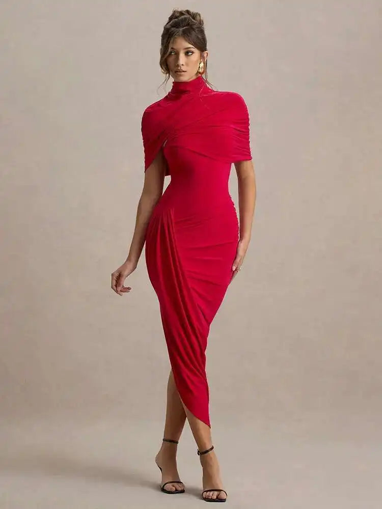 Elegant Shawl Elastic Tight Pleated Irregular Dress