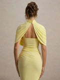 Elegant Shawl Elastic Tight Pleated Irregular Dress - Yellow / L