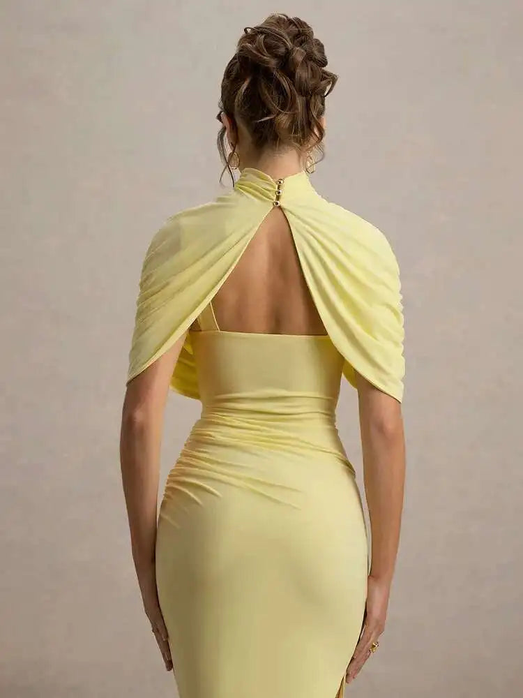 Elegant Shawl Elastic Tight Pleated Irregular Dress - Yellow / L