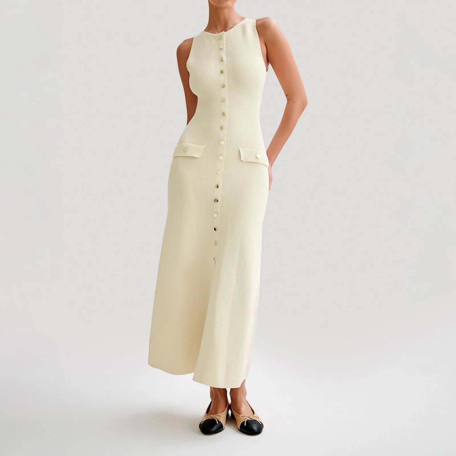 Elegant Single Breasted Dress Women’s Ribbed Knit Tank - Beige / L