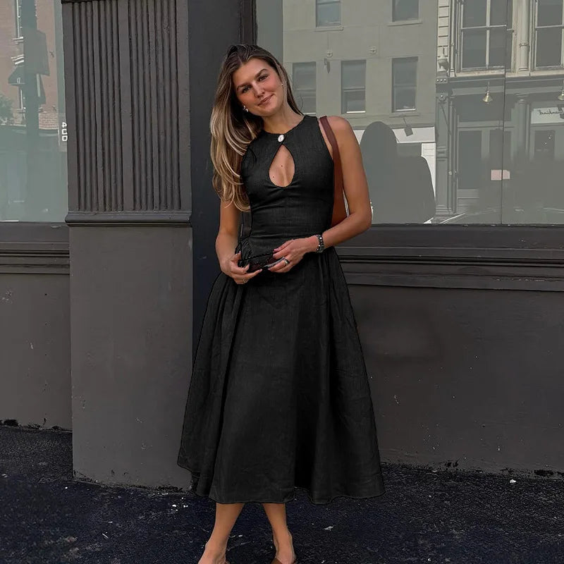 Elegant Single Button Hollow Out Midi Dress for Women