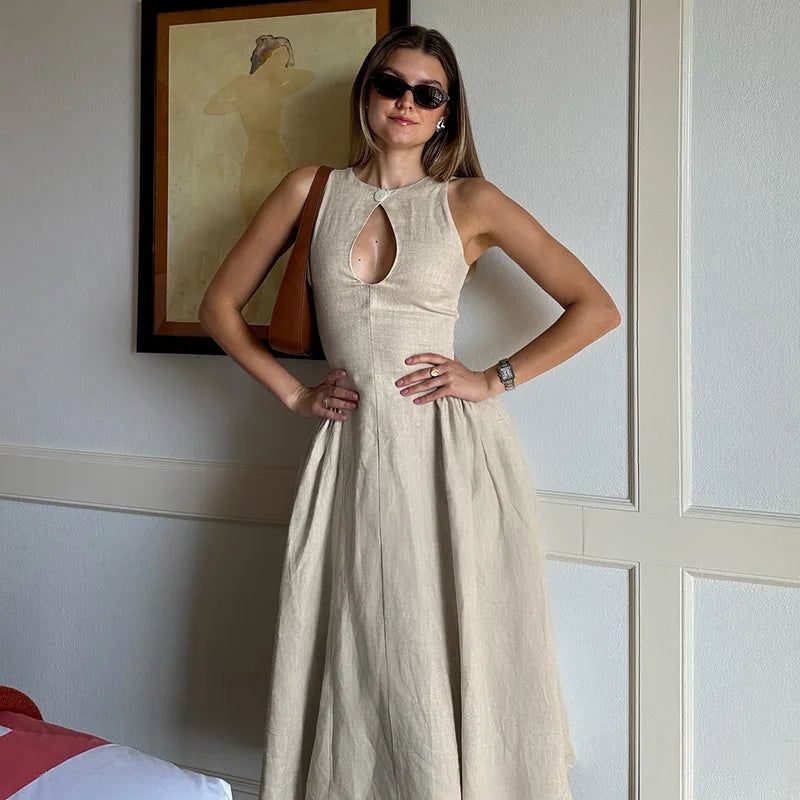 Elegant Single Button Hollow Out Midi Dress for Women - Khaki / L