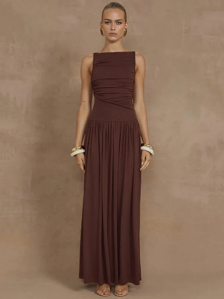 Elegant Sleeveless Maxi Dress For Women - Brown / S