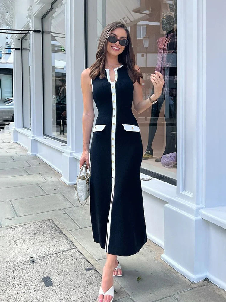 Elegant Sleeveless Single-Breasted Ribbed Knitwear Long Dress - Other