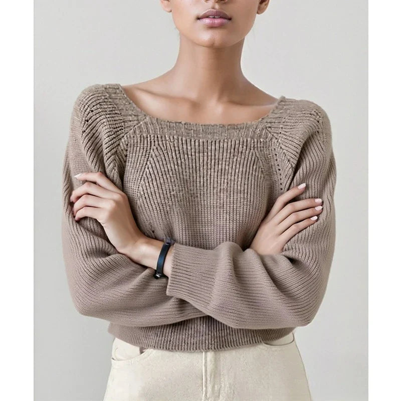 Elegant Square Neck Retro Casual Women Knitted Sweater