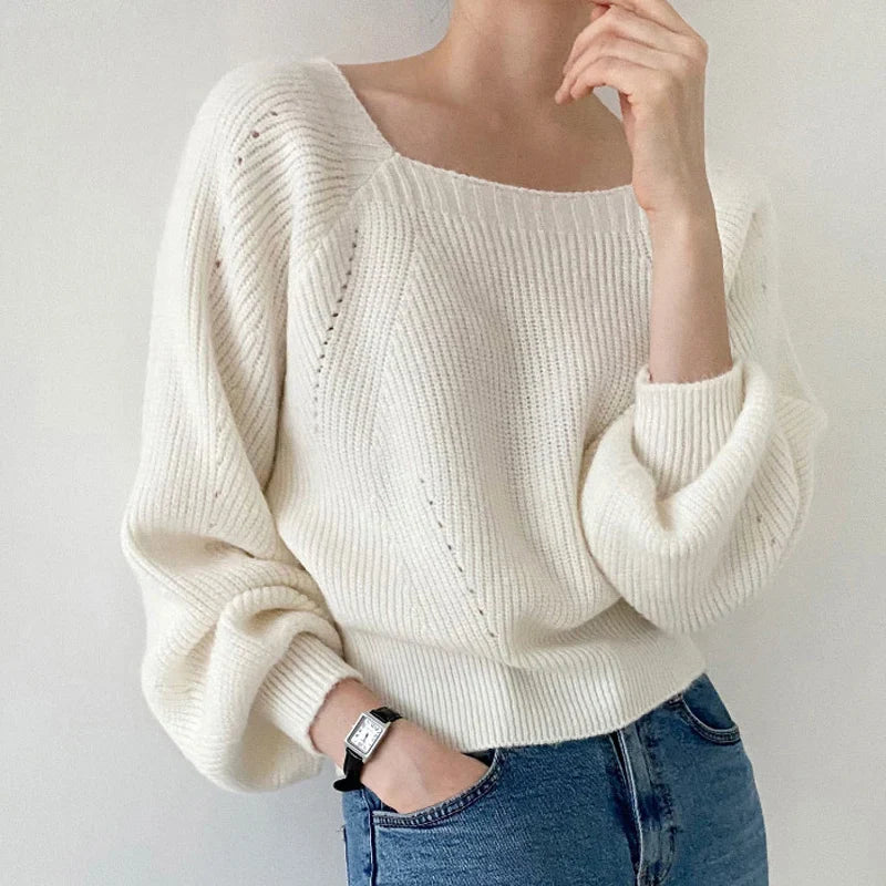 Elegant Square Neck Retro Casual Women Knitted Sweater
