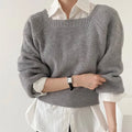 Elegant Square Neck Retro Casual Women Knitted Sweater - grey / One Size