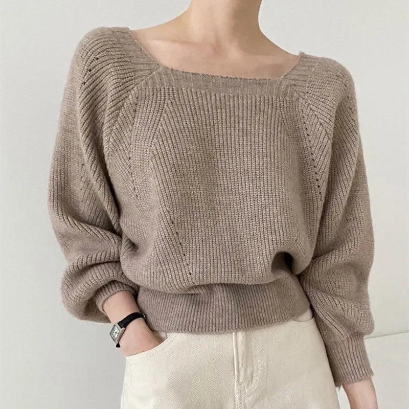 Elegant Square Neck Retro Casual Women Knitted Sweater - Khaki / One Size