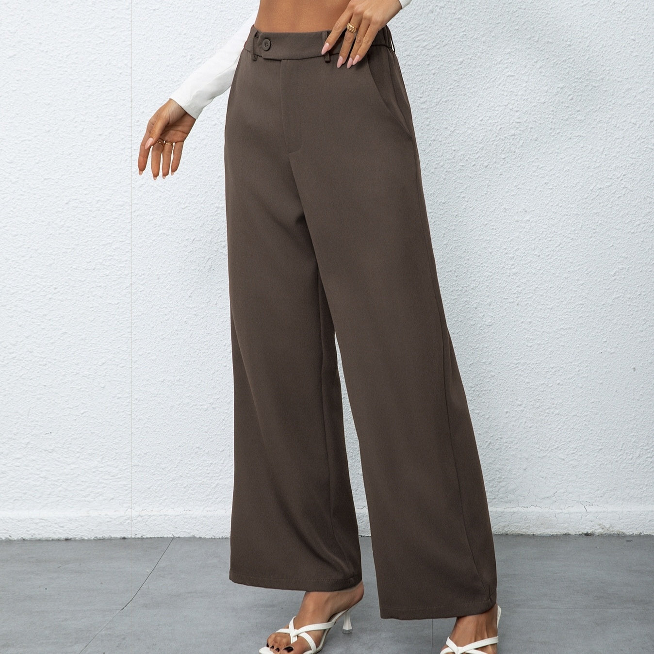 Elegant Temperament Casual Solid Color Button Wide Leg Suit Pants - Other
