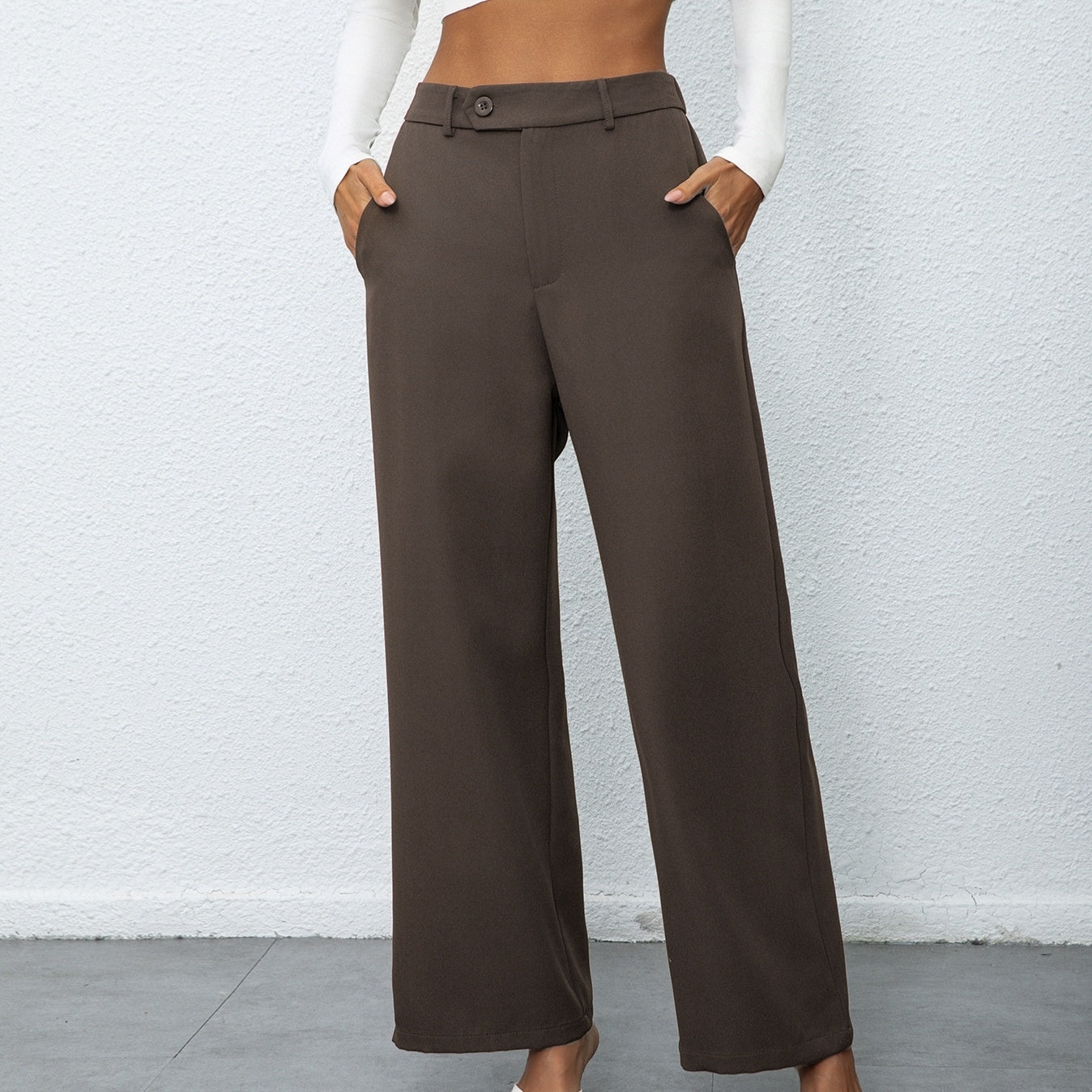 Elegant Temperament Casual Solid Color Button Wide Leg Suit Pants - Brow / L - Other