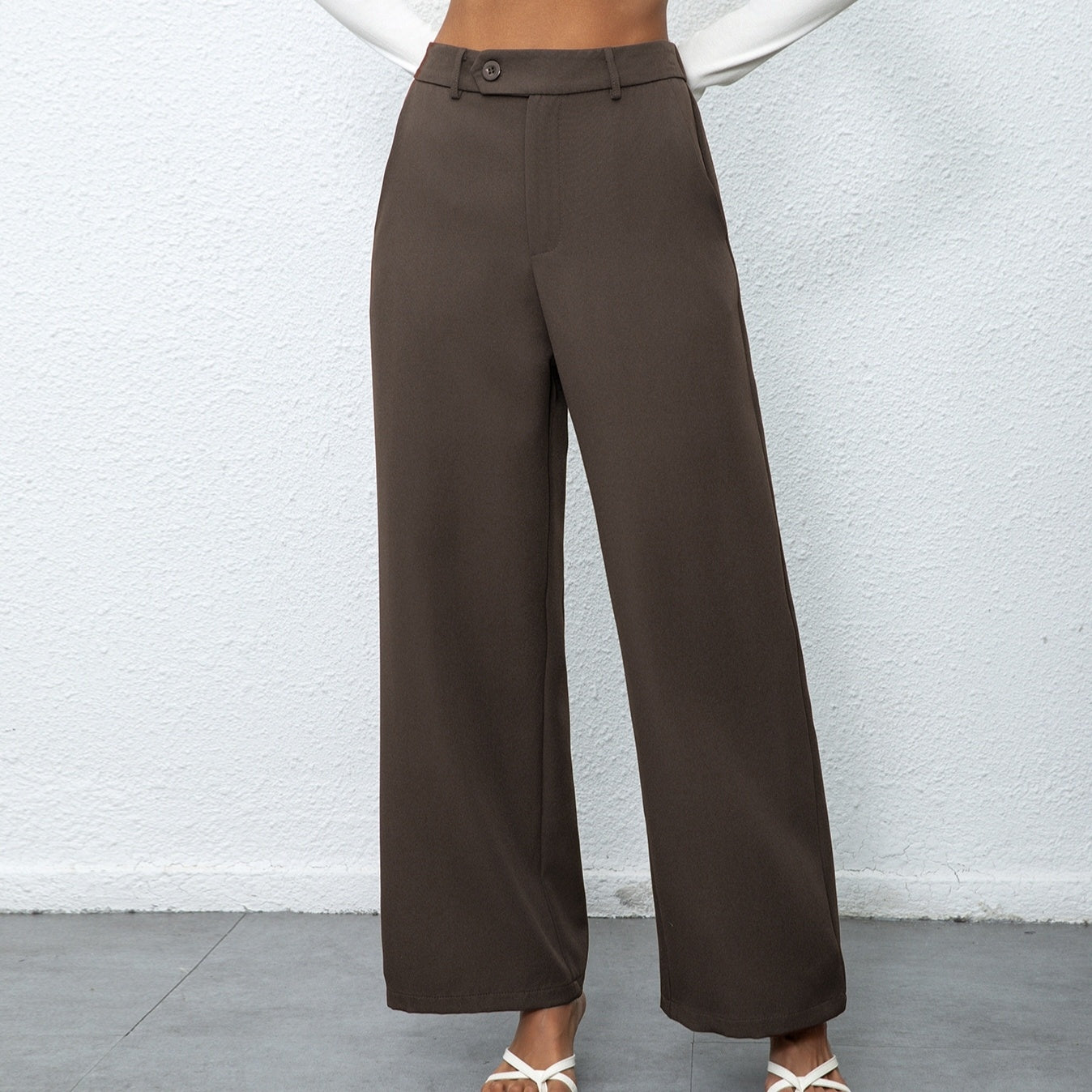 Elegant Temperament Casual Solid Color Button Wide Leg Suit Pants - Other