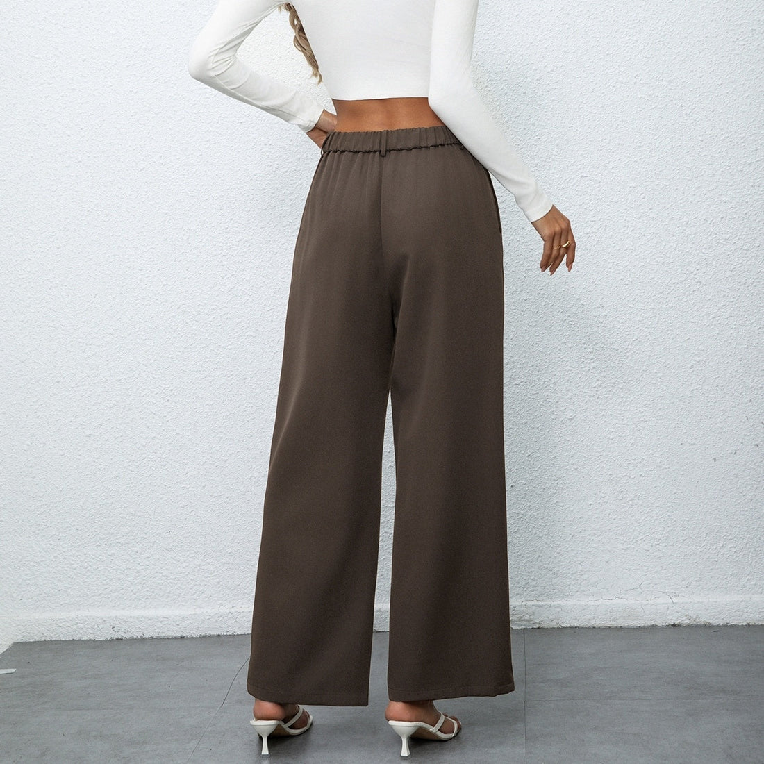 Elegant Temperament Casual Solid Color Button Wide Leg Suit Pants - Other