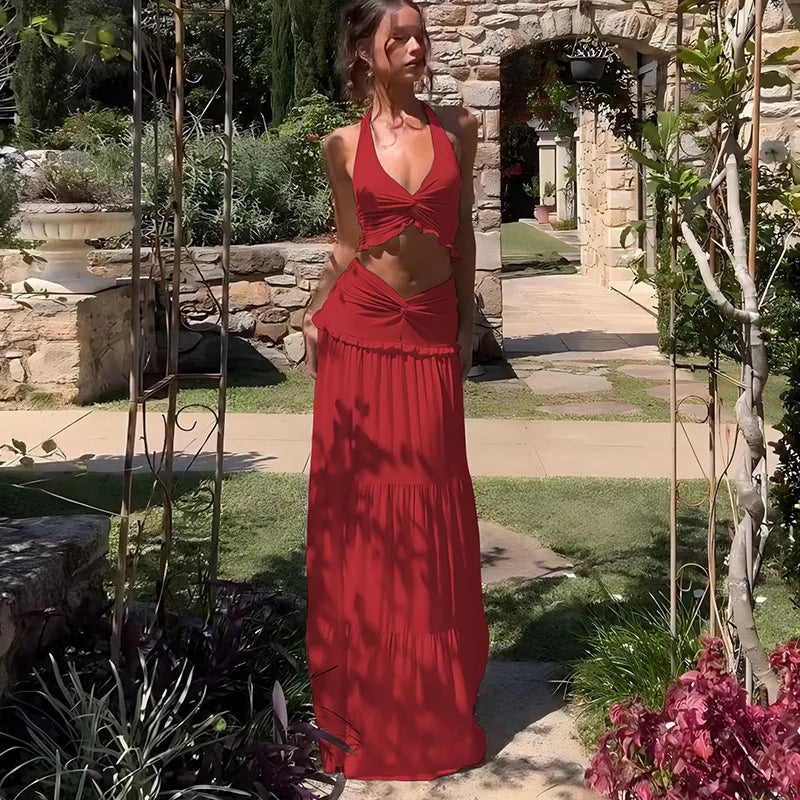 Elegant Two Piece Sets Sleeveless Frill Halter Twist Top Dress