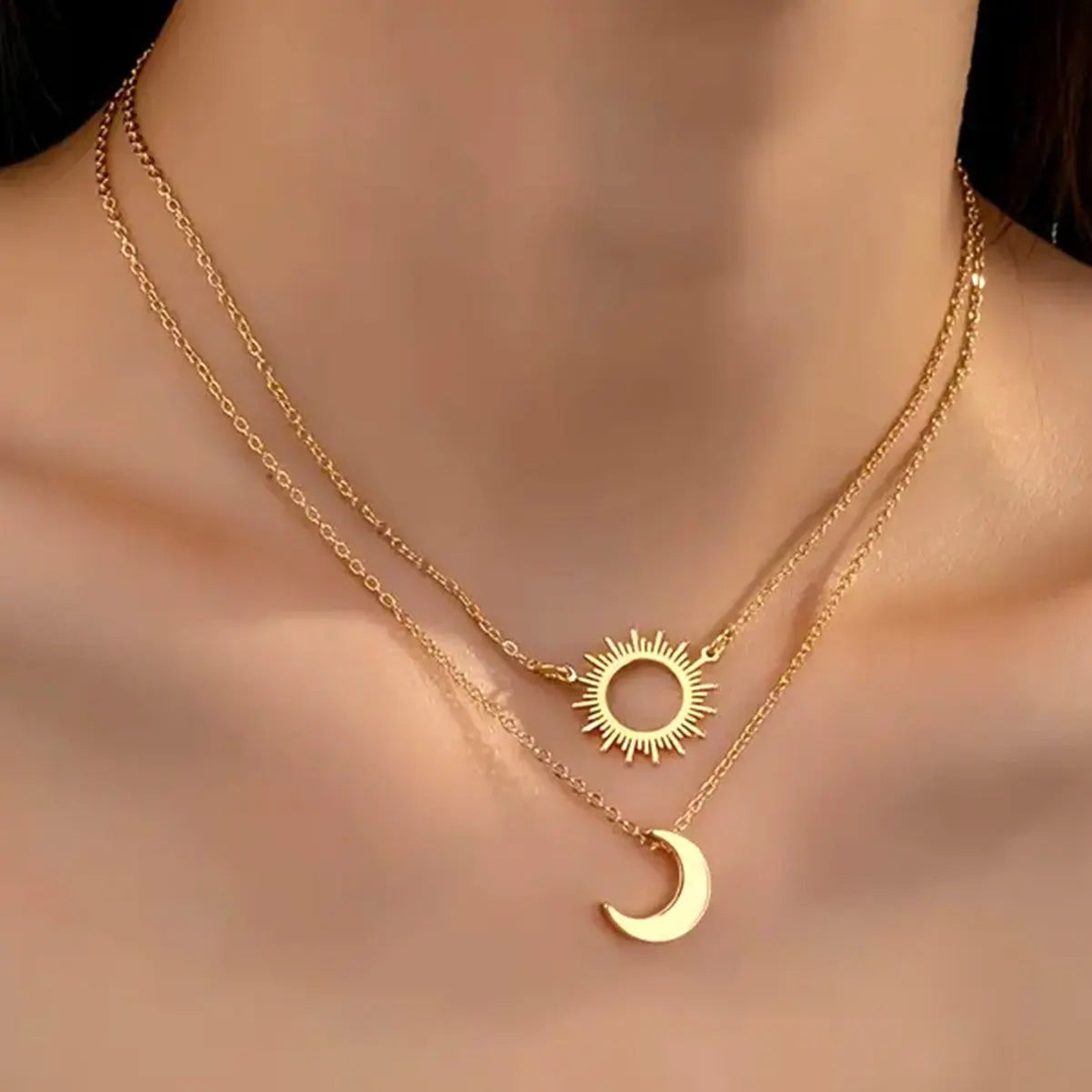 Elegant Vintage Necklace Hollow Sun Moon Pendant Chain Neck - Gold - electronic accessories
