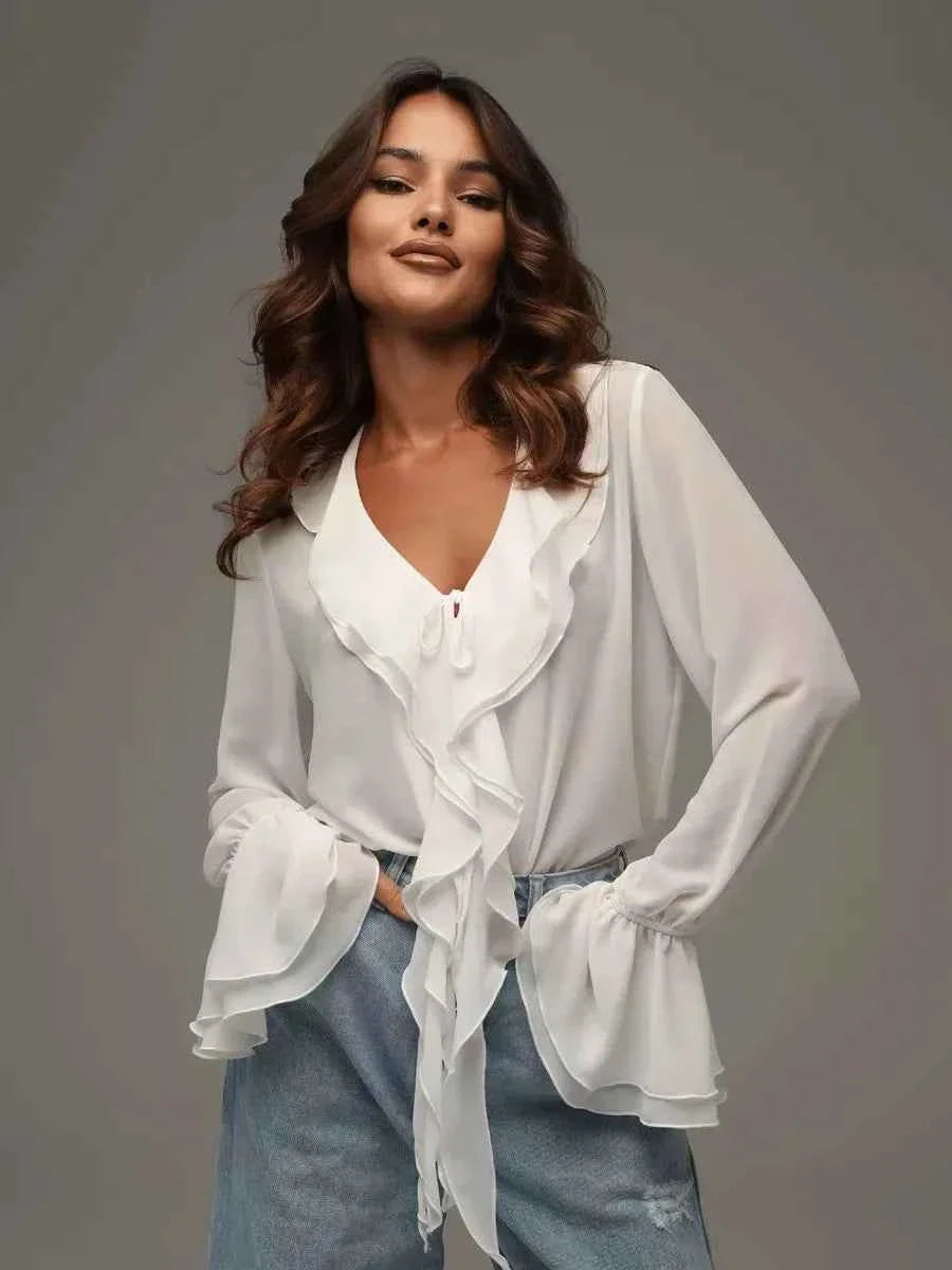Elegant White Chiffon Ruffle Shirt Women