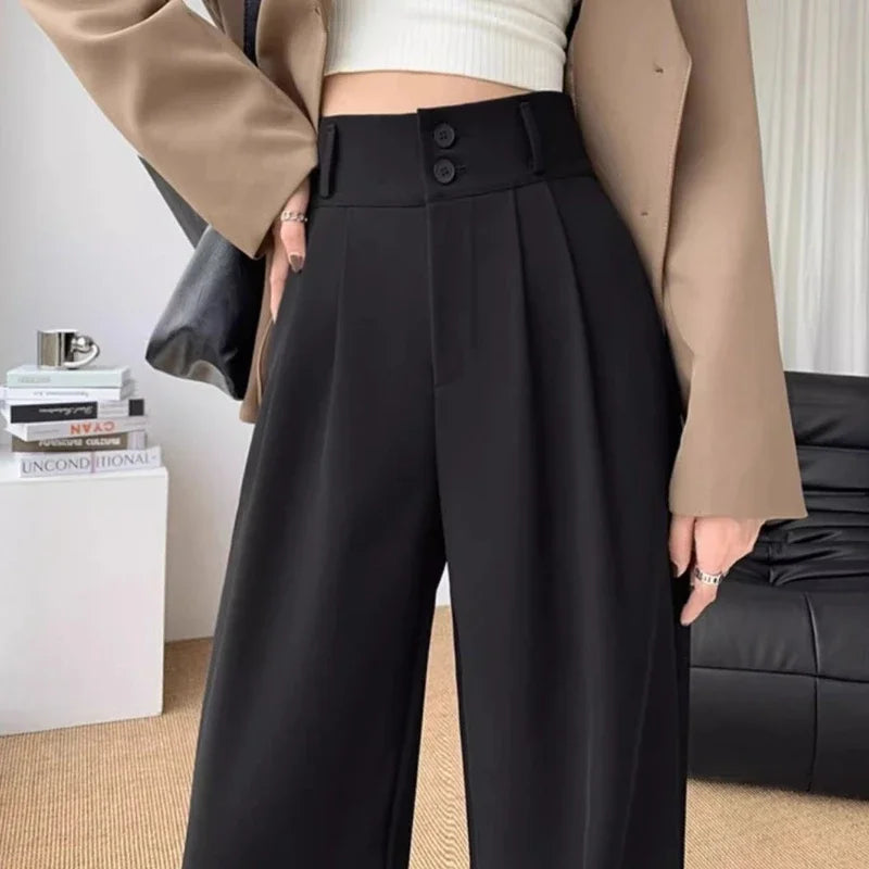 Elegant Wide Leg Pants Women Korean Style High Waist Black Baggy - Other