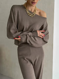 Elegant Winter Knit Pants Set Woman - Dark Brown / One Size