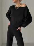 Elegant Winter Knit Pants Set Woman - Black / One Size