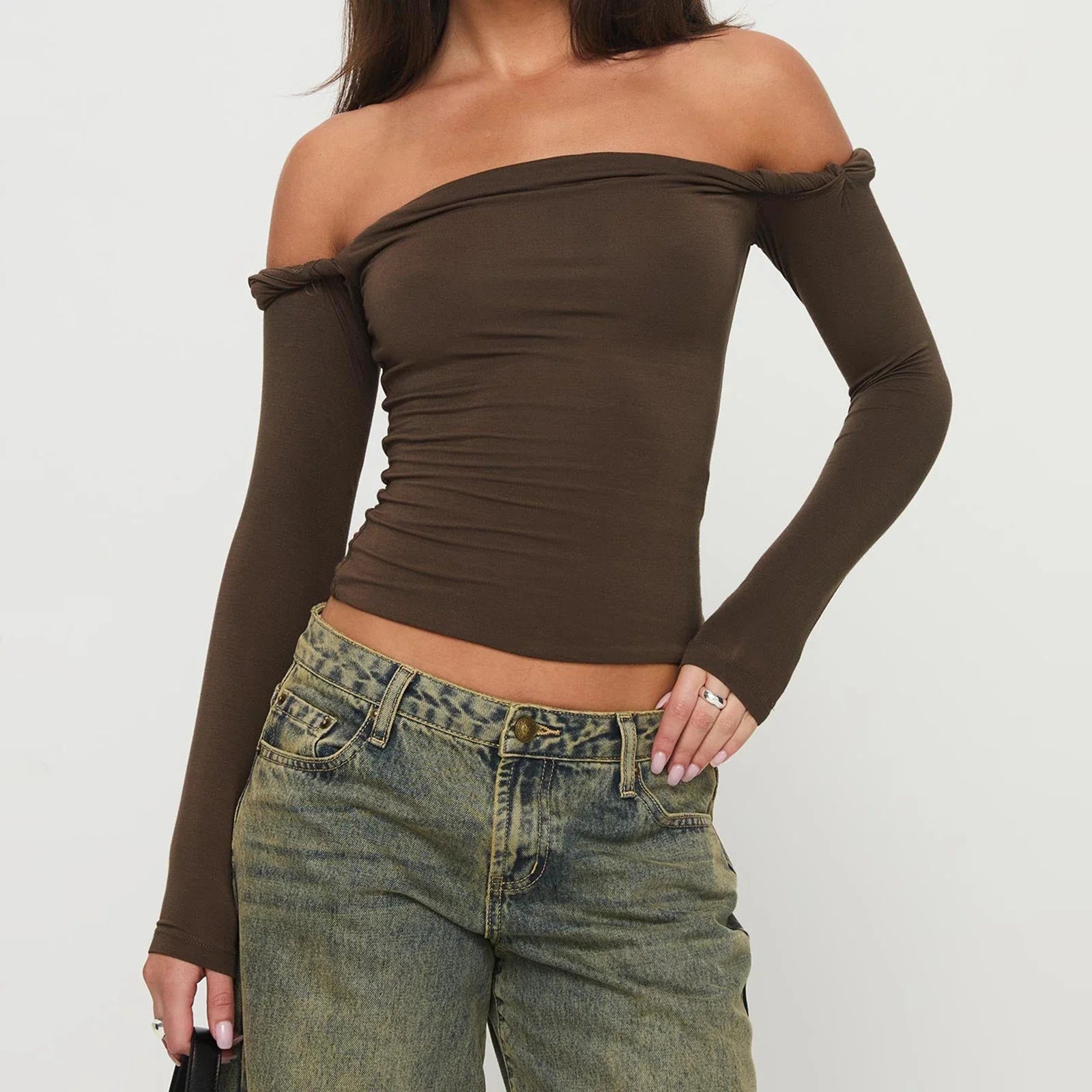 Elegant Women T-shirt Casual Long Sleeve Off-shoulder - B / L