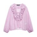 Elegant Women’s Tierred Ruffles Blouses V-Neck Long Sleeve Loose Shirt - purple / S