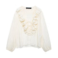 Elegant Women’s Tierred Ruffles Blouses V-Neck Long Sleeve Loose Shirt - beige / M