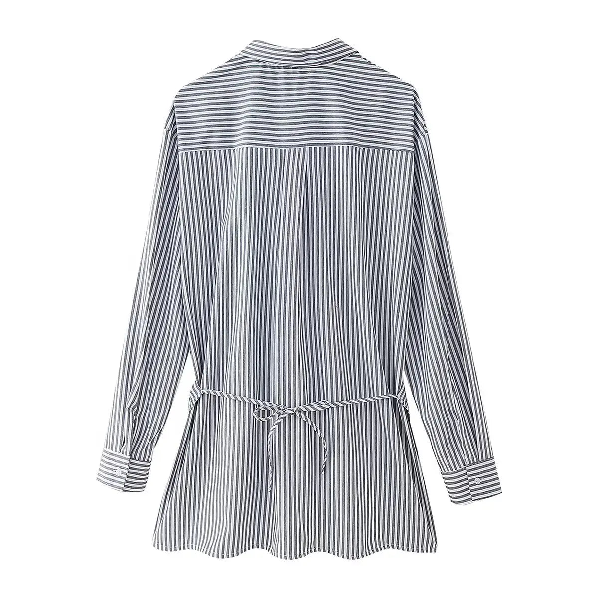 Loose Striped Lace-up Multi-color Long Sleeve Shirt