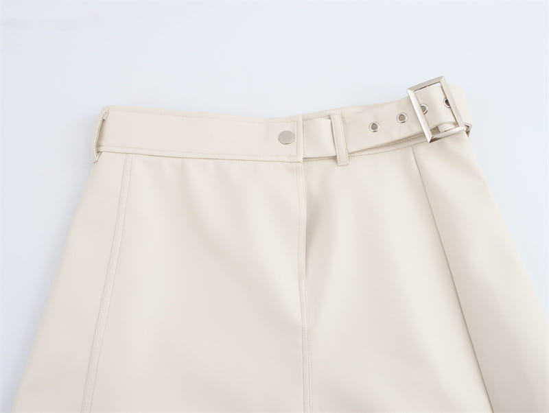 High Waist Pure Color With Belt A- Line Faux Leather Midi Skirt