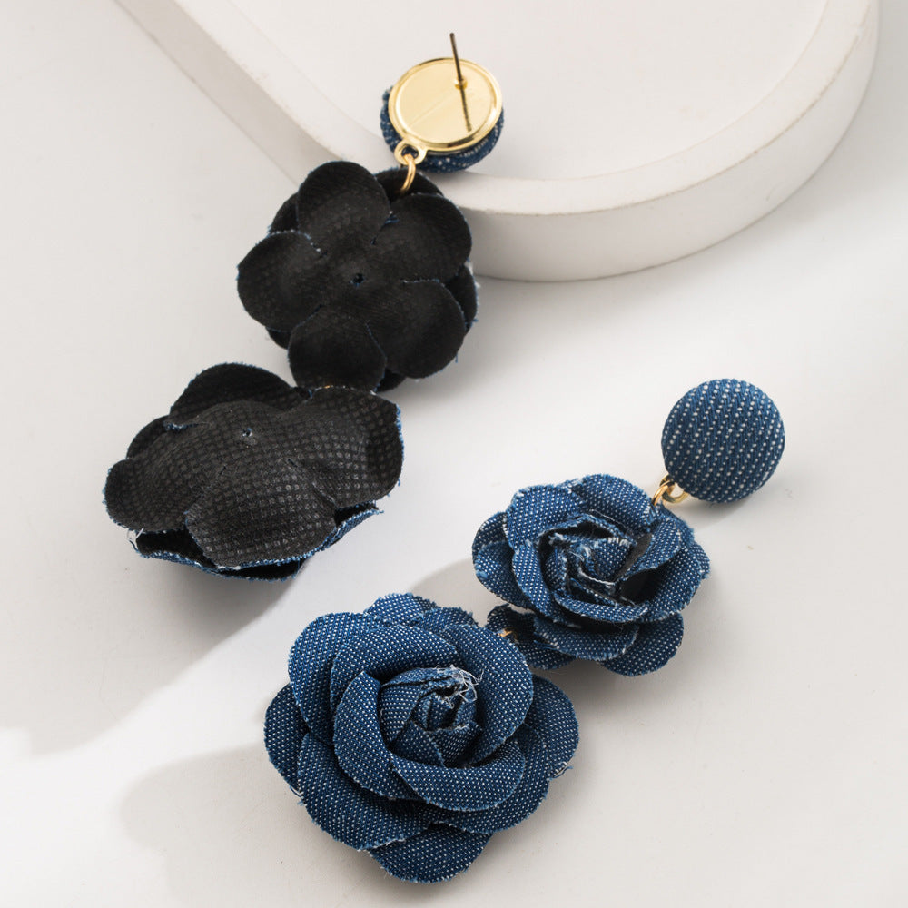 Fall Winter Cowboy Fabric Flower Earrings Multi-layer Long - Norellé