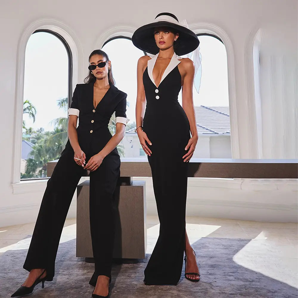 Lapel Backless Slit Dress