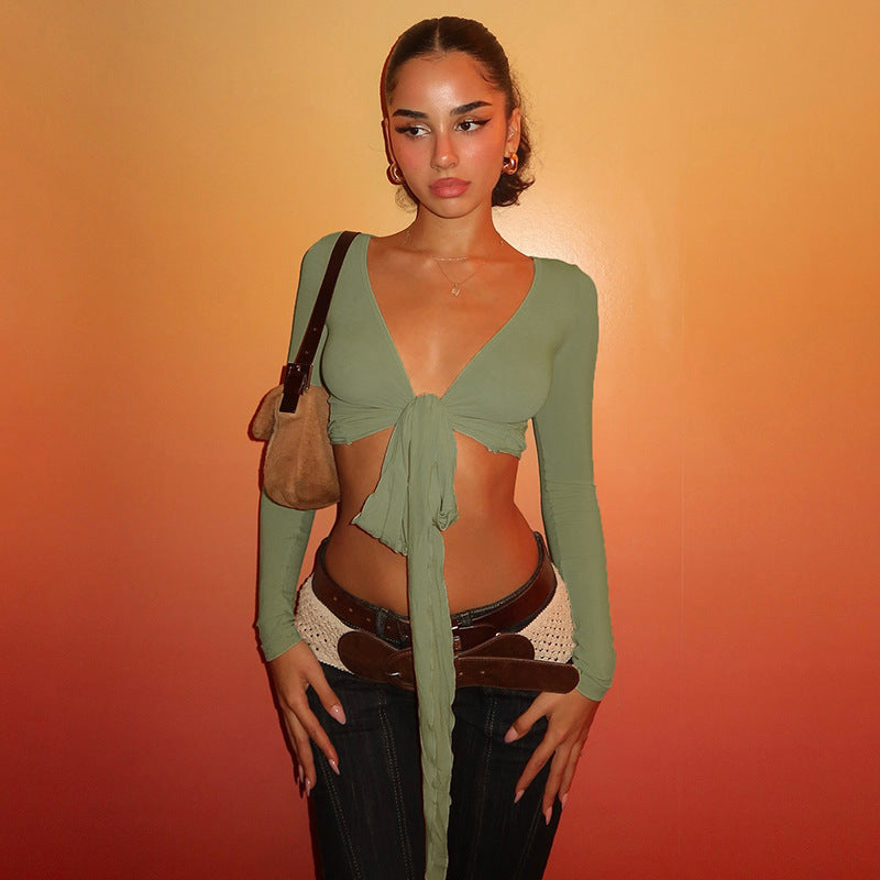 Pure Desire Strap Long-sleeved T-shirt Deep V-neck Short Blouse - Norellé
