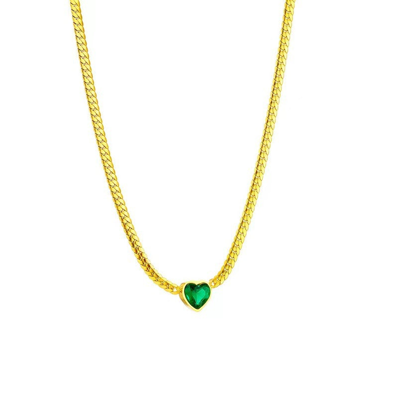 Green Heart Zircon Personality Cuban Link Chain Simple Fashion Necklace - Norellé